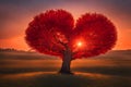 Tree of love and Valentine\'s day on a field in autumn at sunset..