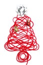A tree made of red thread and ribbon, ball on white background Royalty Free Stock Photo