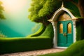 tree with magical wooden fairy door in the forest, abstract natural background, pixie and elf house. template for design Royalty Free Stock Photo