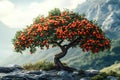 Tree with many oranges on it is in the mountains Royalty Free Stock Photo