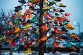 A tree with many pairs of shoes hanging from it. Generative AI Royalty Free Stock Photo