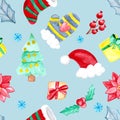 Tree, mittens and christmas sock, gifts, holly and poinsettia, seamless pattern for gift wrapping from cute watercolor pictures,