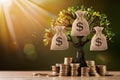 Tree with money bags and stacks of coins, symbolizing prosperity, set against warm, golden background Royalty Free Stock Photo