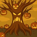 Tree monster and jack o lantern vector illustration with moon light for halloween banner also can use for media social feed Royalty Free Stock Photo