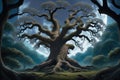 tree and moon in foresttree and moon in forestdark scene with tree, moon and clouds, Royalty Free Stock Photo