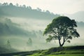 Tree in the morning mist at rice terraces, Generative AI Royalty Free Stock Photo