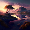 Tree, mountain and lake at sunset art Royalty Free Stock Photo