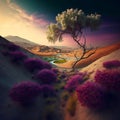 Tree, mountain and river at sunset art Royalty Free Stock Photo