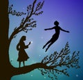 Tree in the night, magic fly, boy and gil on the big tree, way to the wonderland, Royalty Free Stock Photo