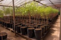 tree nursery, with saplings in pots ready for transplanting