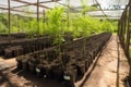 tree nursery, with saplings in pots ready for transplanting