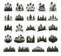 Tree outdoor travel black silhouette coniferous natural badges, tops pine spruce branch cedar and plant leaf abstract Royalty Free Stock Photo