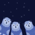 Tree Owls on the dark blue sky background. Hand drawn illustra