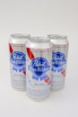 Tree Pabst Blue Ribbon tall cans beers on a white background