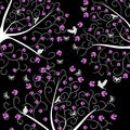 Tree pattern. Beautiful. Leaf. Birds. Butterflies. Black background. Illustration. Design.