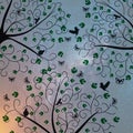 Tree pattern. Beautiful. Leaf. Birds. Butterflies. Cosmos background. Illustration. Design.