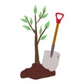 Tree planting gardening concept. The concept of ecology with the image of a shovel and a seedling Vector illustration