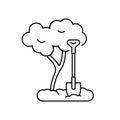 Tree planting. Seedling in ground with stuck shovel. Contour icon of landscape gardening, loosening soil. Line art isolated vector Royalty Free Stock Photo