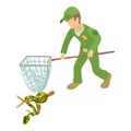 Tree python icon isometric vector. Man in uniform with landing net near python