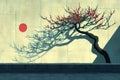 A tree with a red branch and shadow on the wall, AI Royalty Free Stock Photo