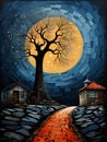 a tree and red cobblestone road in front of a large moon