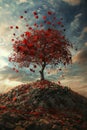 A tree with red leaves against a stormy sky, symbolizing life and the giving nature of donors. Leaves being carried by