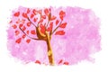 Tree with red leaves on pink watercolor background, heart shape leaves, Valentine`s Day card Royalty Free Stock Photo