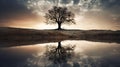 Tree reflecting in dam water as sun sets