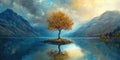 Tree Reflection on Calm Water: Open Sky and Distant Horizon, Tranquil Landscape and Painted Style, a Peter Hoffer Inspired Scene Royalty Free Stock Photo