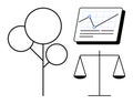 Balanced growth concept with tree, scales, and data chart in minimalist design Royalty Free Stock Photo