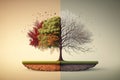 Tree representing season change winter to spring. Banner illustration with copy space. Generative AI Royalty Free Stock Photo