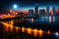 tree on rock, starry night and moon on pier in harbor port blurred evening light cruise ship on horizon city buildings silhouettes