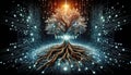 Tree with roots and branches intricately intertwined with digital circuits and nodes. The fusion of nature and technology