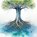 a tree with roots is drawn with watercolors isolated on a white Generated by