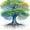 a tree with roots is drawn with watercolors isolated on a white Generated by