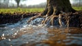 Tree roots exposed, water flowing around base in soil Royalty Free Stock Photo