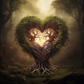 A tree with roots in the shape of a heart in the middle of a forest by Generative AI