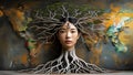 Tree with roots shaped like language scripts and global branches Royalty Free Stock Photo