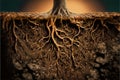 Tree roots in soil close up, underground texture, generative AI