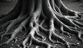 Tree roots spread on ground. Large roots are thick and intertwined. Complex root system is visible in black and white outdoor Royalty Free Stock Photo