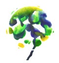 Tree. Rorschach. Yellow, blue and green watercolor painting. Abstraction paint spots on white background.