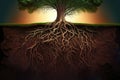 Tree\'s roots side view underground, ecosystem concept. Generativ