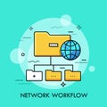 Tree scheme with yellow folder symbols and globe. Concept of directory structure, schematic organization of data storage