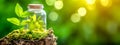 tree seedling in round glass container, concept of air pollution, co2 and renewable ecology, banner with copy space made Royalty Free Stock Photo