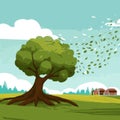 Tree dispersing seeds by wind over farm vector graphics