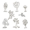 Doodle set of different trees and branches. Hand drawn infinity forest collection