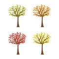 Tree set with different color leaves. Trunk silhouette. Deciduous tree in summer, autumn, spring season. White background.