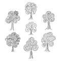 Doodle thin line forest set. Curly trees collection isolated on white background