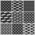 Set of nine seamless patterns with white cars on black background