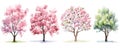 Tree set in spring colors isolated on white, tree collection, spring blossom, illustration generative ai Royalty Free Stock Photo